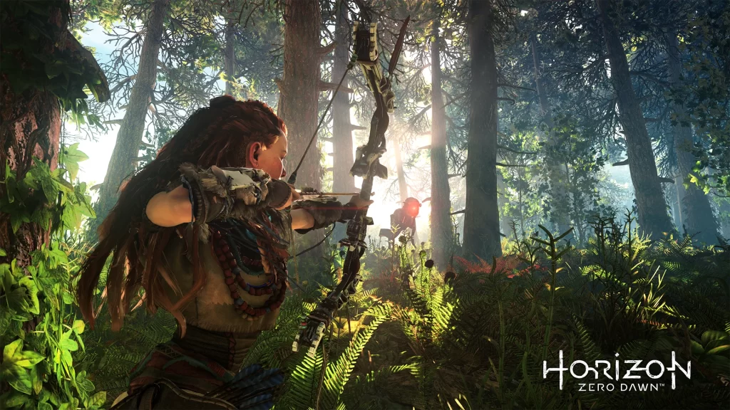 Aloy, the protagonist of Horizon Zero Dawn, aiming her bow in a lush forest with sunlight filtering through the trees. Horizon Zero Dawn Review
