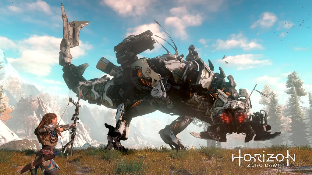 Aloy aiming her bow at a large robotic creature in a lush, open landscape. Horizon Zero Dawn Review