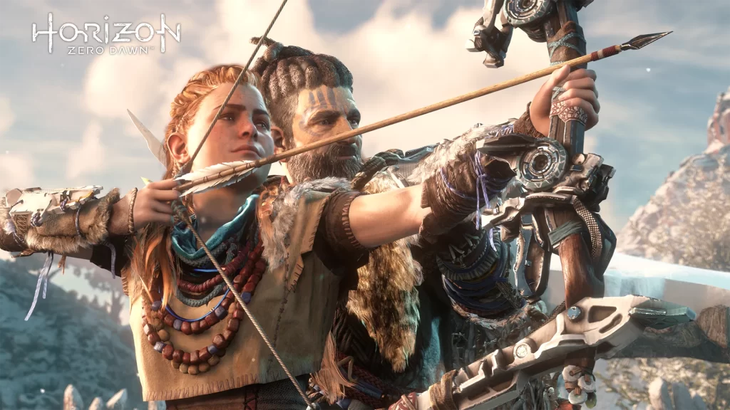 Aloy aiming bows in a lush, mountainous landscape, showcasing the game's rich visual aesthetics. Horizon Zero Dawn Review